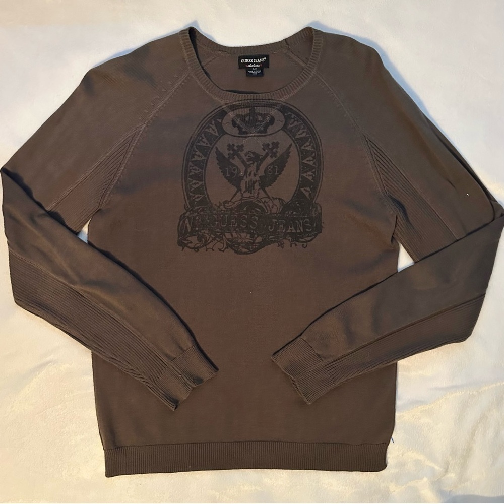GUESS JEANS AUTHENTIC Brown Knit Lightweight Sweater Men’s S Logo Y2K